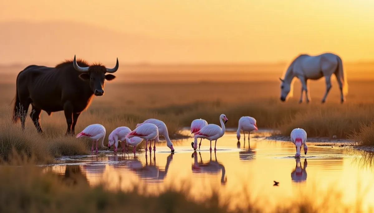 Faune du Far West français : flamants roses, taureaux noirs et chevaux blancs