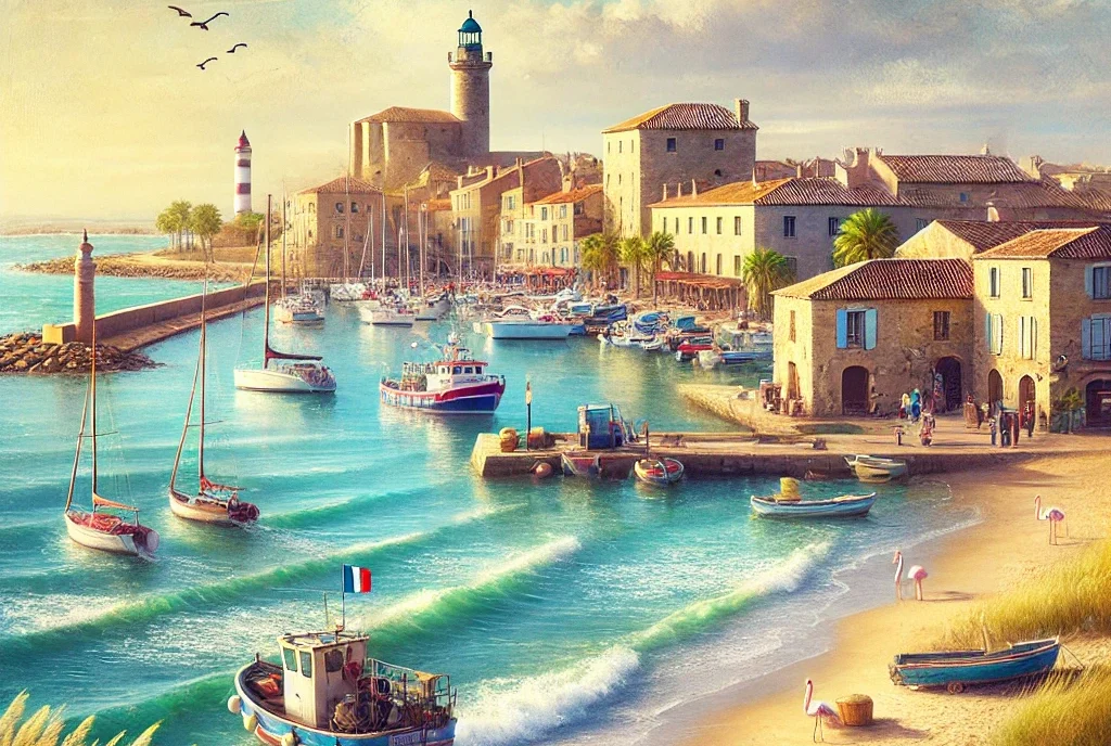 Vue panoramique du Grau-du-Roi en Camargue, avec plage de sable fin, port de pêche traditionnel, phare historique et flamants roses dans les marais.