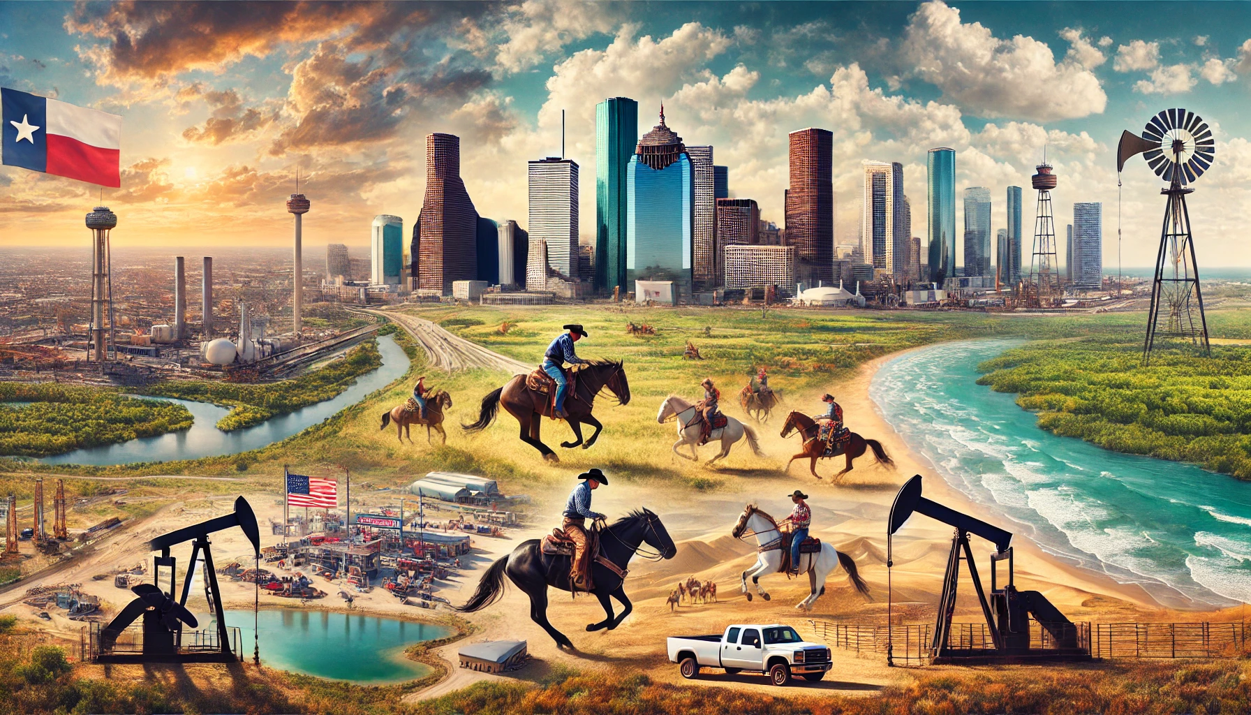 Illustration numérique grand angle du Texas présentant de vastes plaines avec des cow-boys, la ligne d'horizon de Houston avec des gratte-ciel, des pompes à pétrole dans un champ, une scène de rodéo animée et les plages de la côte du Golfe du Mexique à l'arrière-plan sous un ciel spectaculaire.