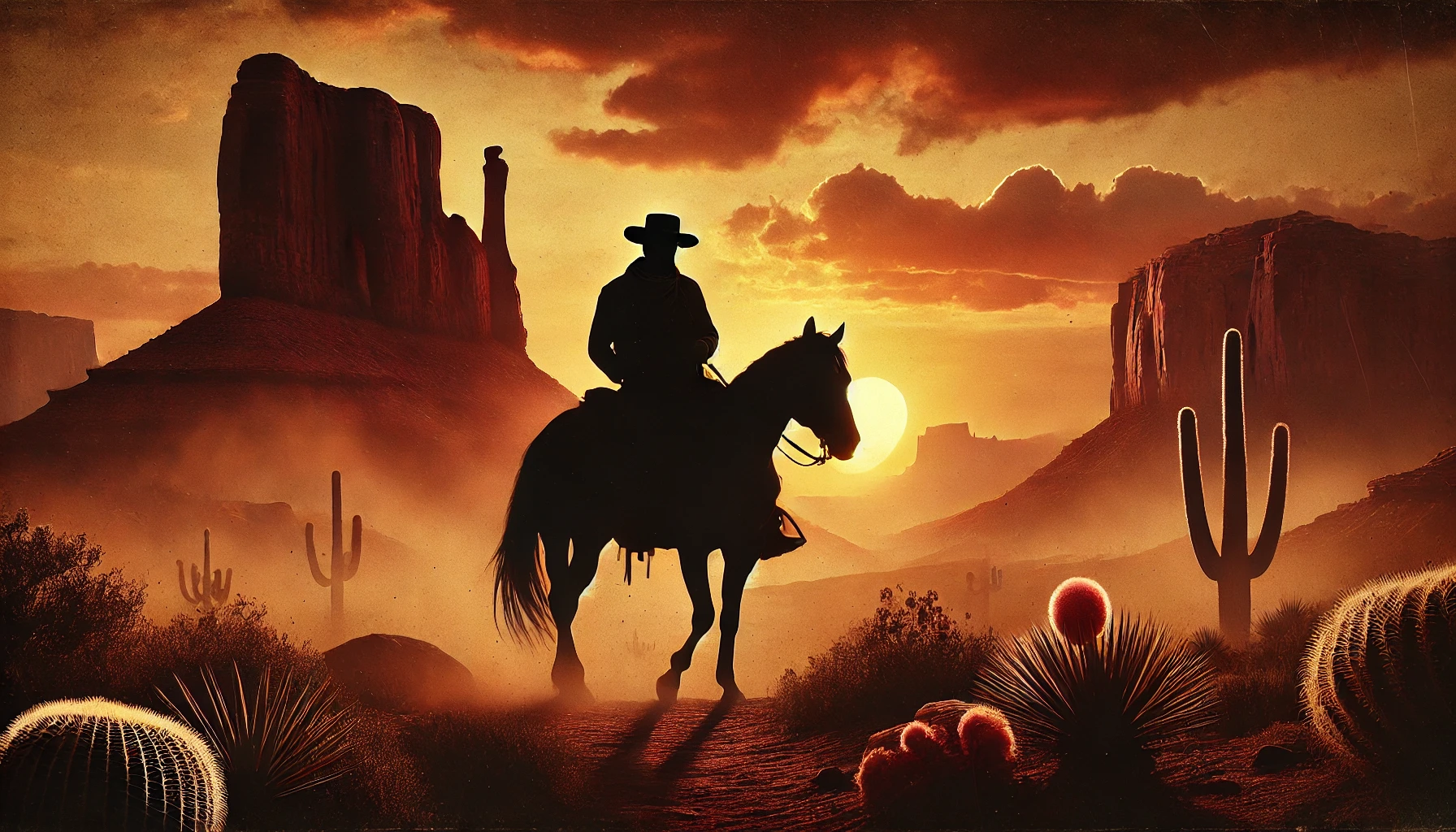 Cowboy sur un cheval au coucher du soleil dans un désert avec des cactus et des rochers, représentant l'ambiance classique des films western.