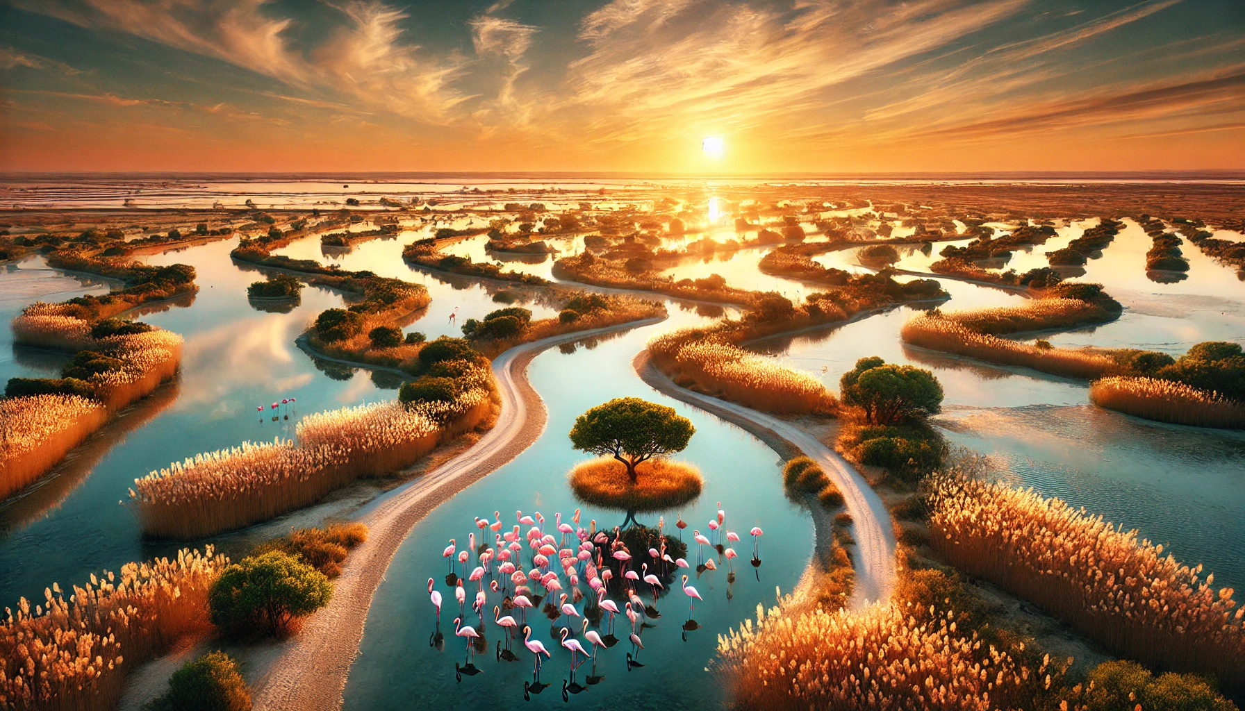 Vue panoramique du Parc Naturel de Camargue montrant des flamants roses dans un marais, des chevaux blancs galopant et des taureaux noirs paissant sous un ciel bleu.