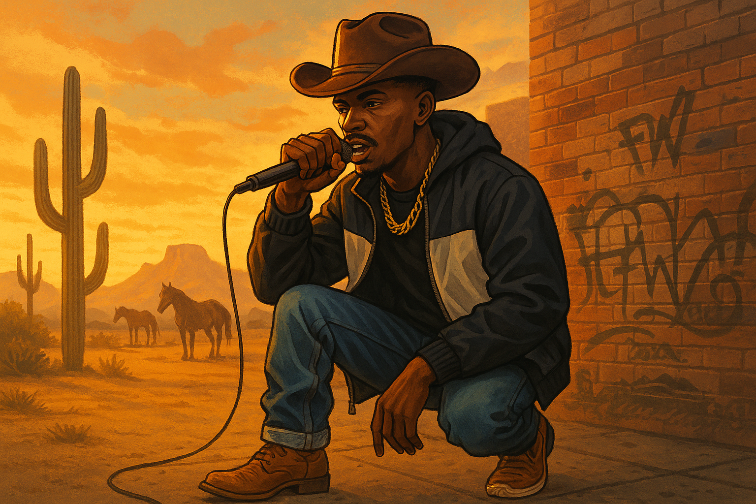 Rappeur afro-américain portant un chapeau de cow-boy, une chaîne en or et des vêtements streetwear, rappant devant un mur en briques graffé, avec un décor de désert, cactus et chevaux en arrière-plan au coucher du soleil.
