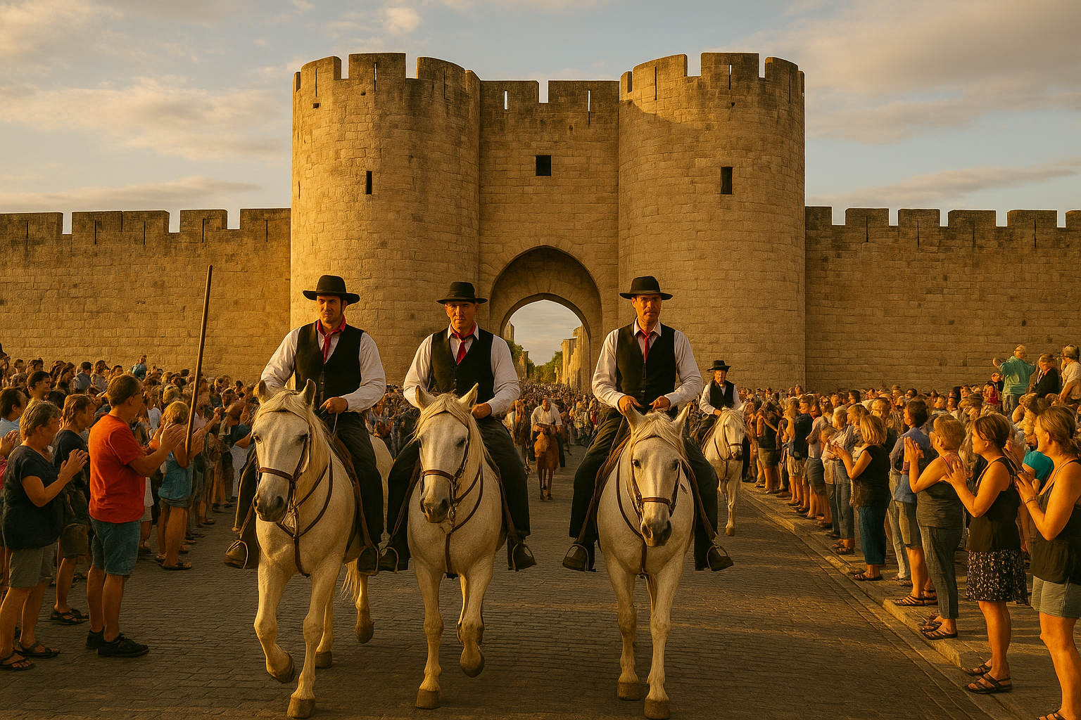 Gardians camarguais à cheval défilant devant les remparts d’Aigues-Mortes, entourés du public pendant la fête votive.