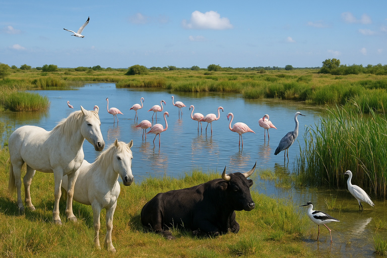 Cheval camarguais, taureau noir et flamants roses dans un marais de Camargue, avec héron et roselières sous un ciel bleu.
