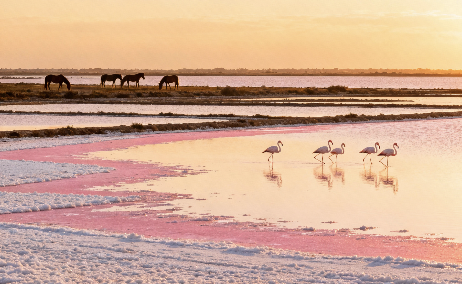 Vue panoramique du lac rose de Camargue avec ses eaux rosées, salins, flamants roses et chevaux sauvages au coucher de soleil.